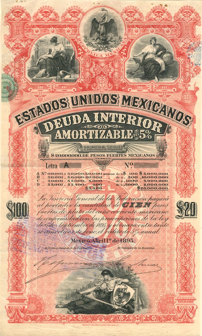 "Pink Lady or Red Diamond" Estados Unidos Mexicanos £20 British Pounds/100 Pesos Bond - Several Dates Available